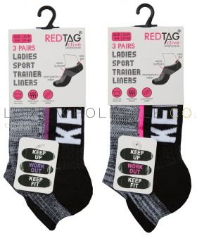 Ladies Cushion Sole Arch Support Sports Trainer Liner Keep Up, Work Out, Keep Fit Socks 3 Pair Pack by Red Tag 3doz,