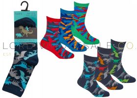 Boys Camouflage & Dinosaur Cotton Rich Socks, 12 x 3 Pair Packs