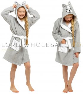 LN207 Girls French Bulldog Novelty Hooded Towelling Robe 6 Pieces