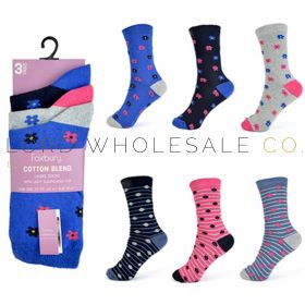 Ladies 3 pack Flower, Stripe & Spot Design Cotton Blend Socks by Foxbury 12 pairs