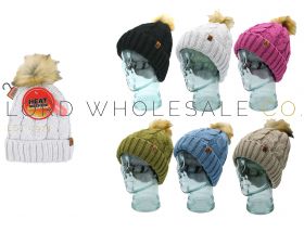 Ladies Plain Cable Knit Bobble Hat With Sherpa Band by Heat Machine 12 pieces