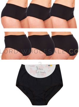 Ladies Black 3 pair pack 100% Cotton Full Briefs by Cottonique