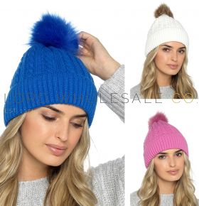 Ladies Cable Pom Pom Hat With Faux Fur Lining by Foxbury 12 pieces,