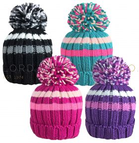 HAI413 Girls Chunky Knitted Striped Bobble Hats